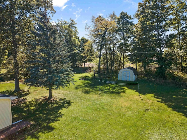 view of yard featuring a storage unit