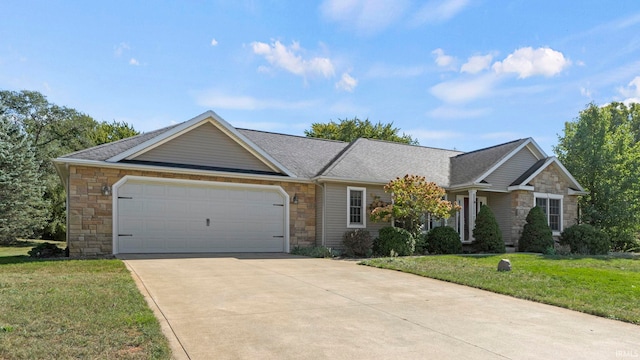 single story home featuring a garage and a front lawn