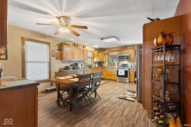 dining space featuring ceiling fan, light hardwood / wood-style floors, and a textured ceiling