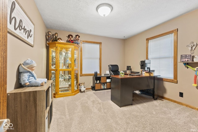 office space featuring a textured ceiling and light colored carpet