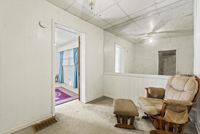 6885 N 315 E, Howe, IN 46746 - sitting room featuring visible vents, carpet flooring, a paneled ceiling, and ceiling fan
