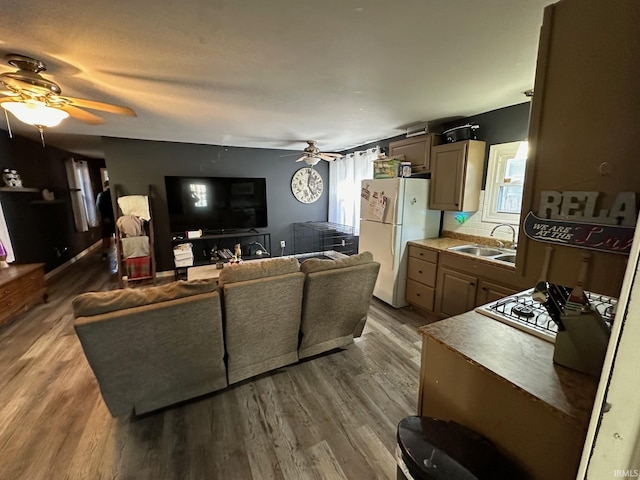 living room with ceiling fan, sink, and hardwood / wood-style floors