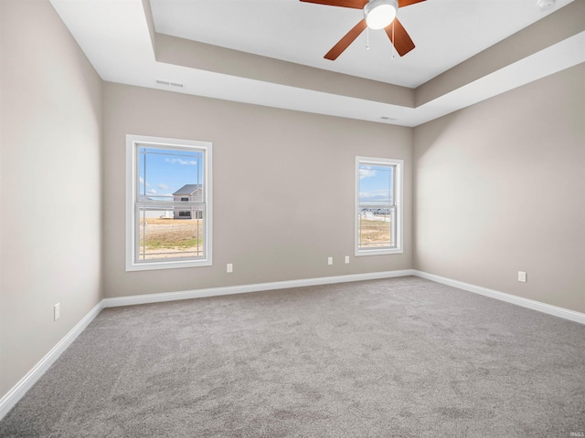 empty room with plenty of natural light, carpet floors, and a tray ceiling