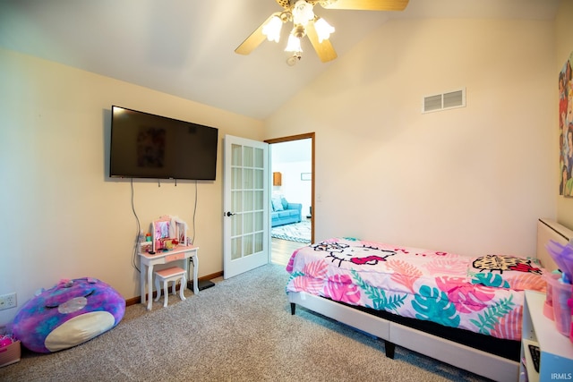 bedroom featuring high vaulted ceiling, carpet flooring, and ceiling fan