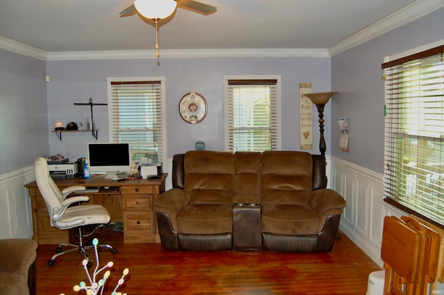 home office with ornamental molding, dark hardwood / wood-style floors, and ceiling fan