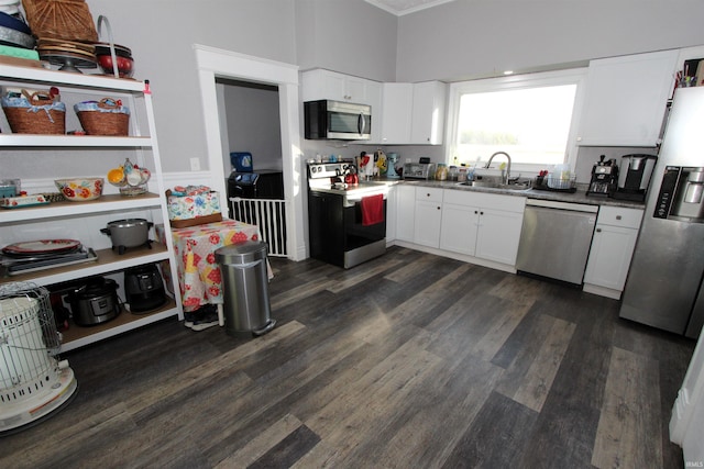 kitchen with dark hardwood / wood-style floors, white cabinetry, sink, and stainless steel appliances