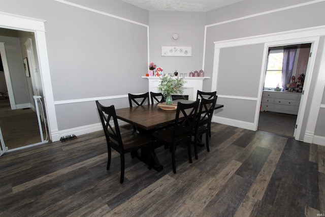 dining room with dark hardwood / wood-style floors and a textured ceiling