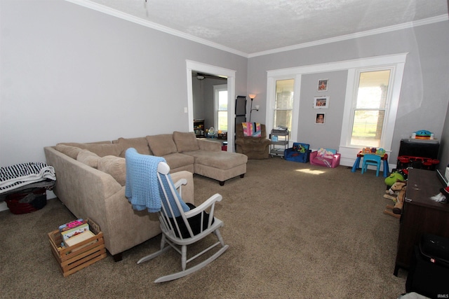 carpeted living room featuring a textured ceiling and crown molding