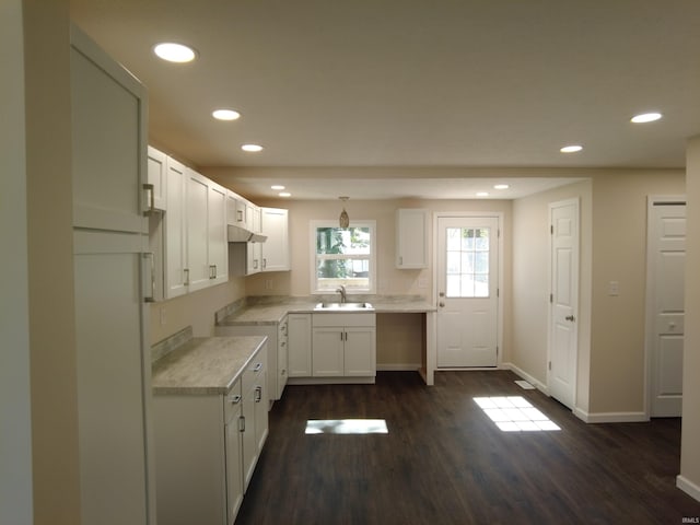 kitchen with dark hardwood / wood-style floors, white cabinets, and sink