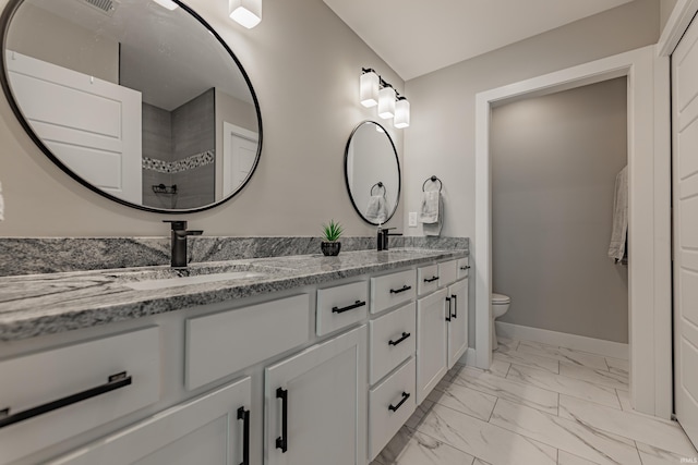 bathroom featuring vanity, a shower, and toilet