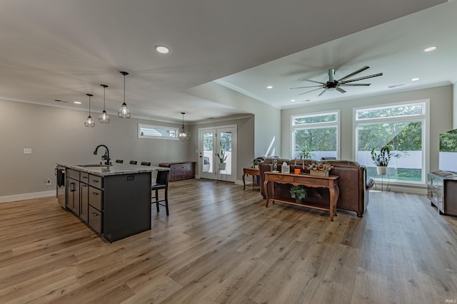 kitchen with pendant lighting, an island with sink, sink, light hardwood / wood-style floors, and light stone countertops