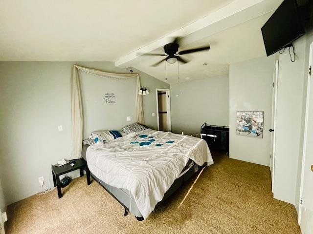 bedroom with carpet floors, lofted ceiling with beams, and ceiling fan