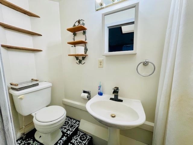 bathroom with sink, toilet, and curtained shower