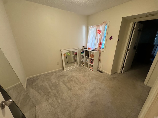 interior space with light carpet and a textured ceiling