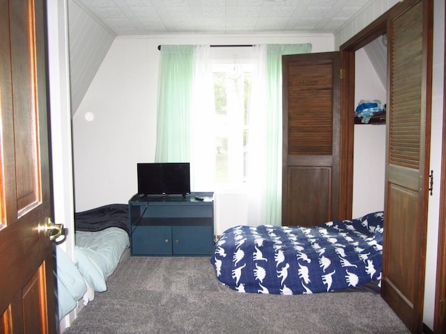 carpeted bedroom with vaulted ceiling