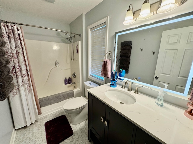 full bathroom with tile patterned floors, vanity, shower / bath combination with curtain, and toilet