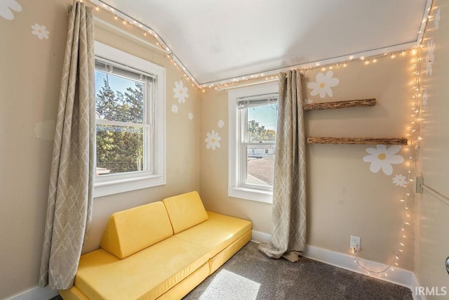 sitting room featuring lofted ceiling and carpet flooring