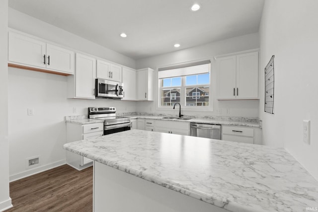 kitchen with dark hardwood / wood-style flooring, sink, kitchen peninsula, white cabinets, and appliances with stainless steel finishes