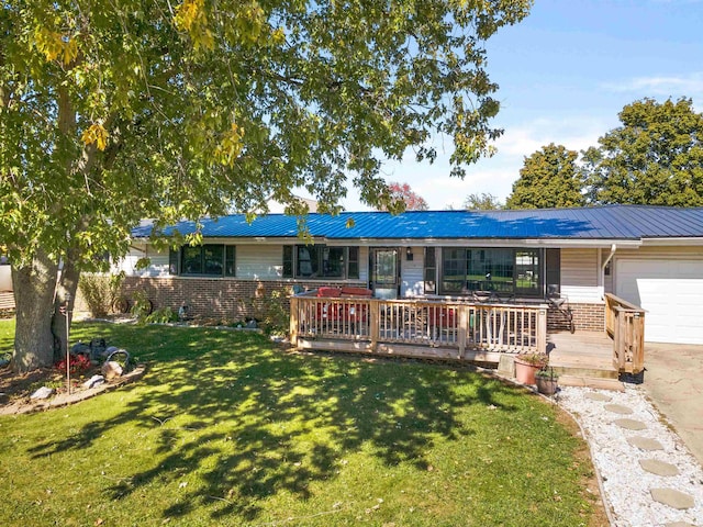 ranch-style house with a garage, a porch, and a front lawn