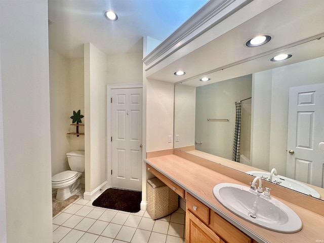 bathroom featuring a shower with curtain, tile patterned floors, vanity, and toilet