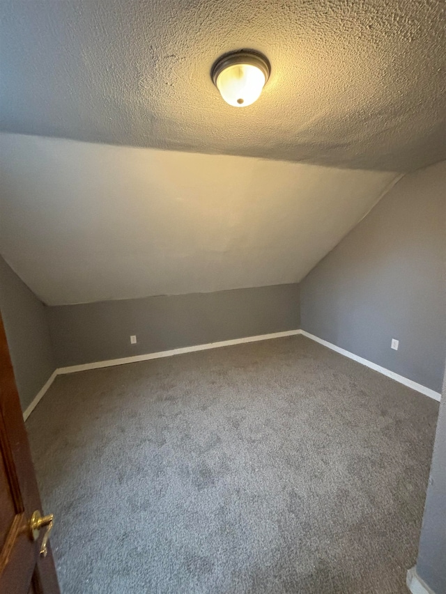 additional living space featuring dark carpet, a textured ceiling, and vaulted ceiling