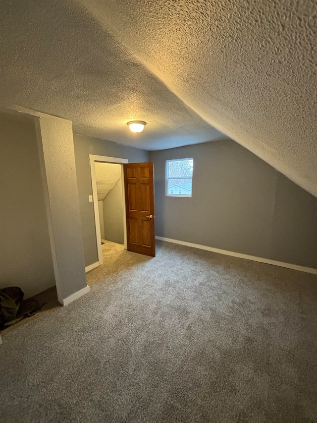 additional living space with carpet flooring and a textured ceiling