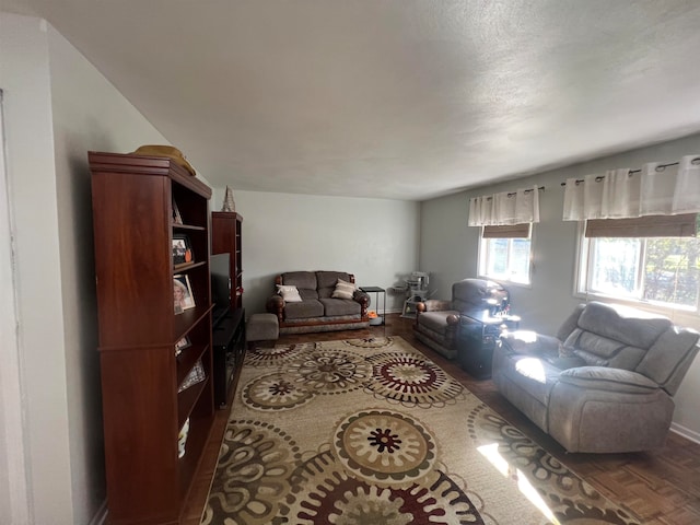 living room with dark parquet flooring