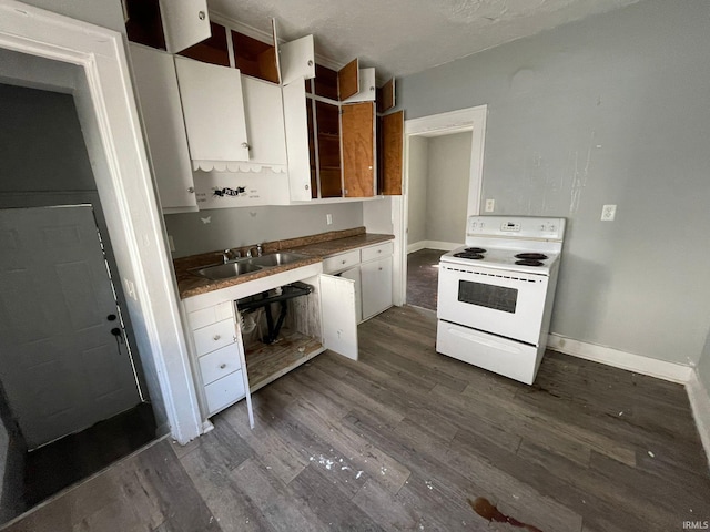 kitchen with dark wood-type flooring, white cabinetry, sink, and electric range