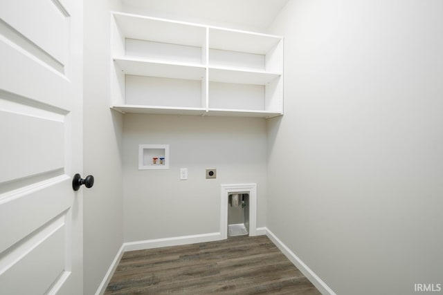 laundry room with laundry area, hookup for an electric dryer, hookup for a washing machine, baseboards, and dark wood-style flooring