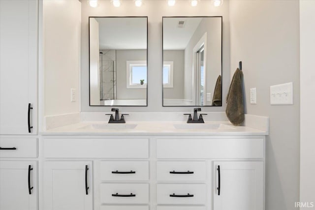 bathroom with vanity and a shower