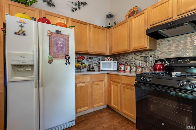 kitchen featuring decorative backsplash, white appliances, dark hardwood / wood-style floors, and light brown cabinetry