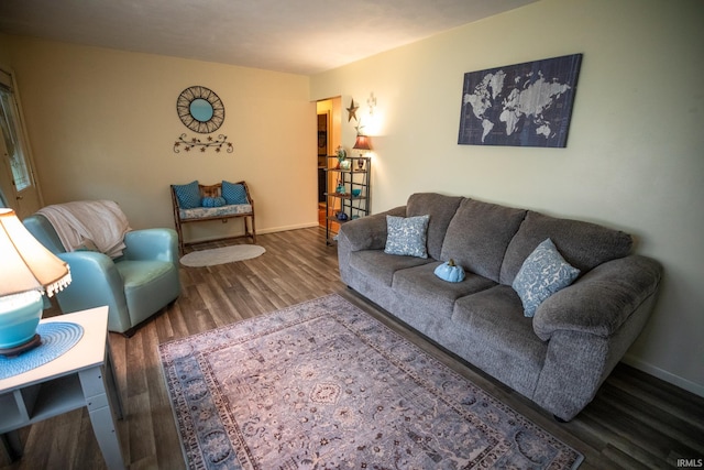 living room with dark hardwood / wood-style flooring