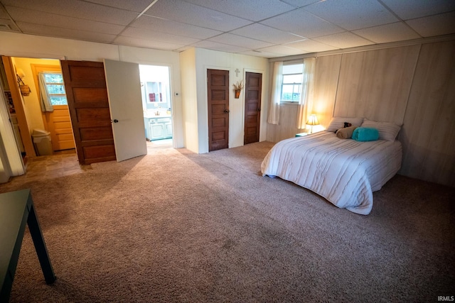 carpeted bedroom with two closets, a paneled ceiling, and ensuite bathroom