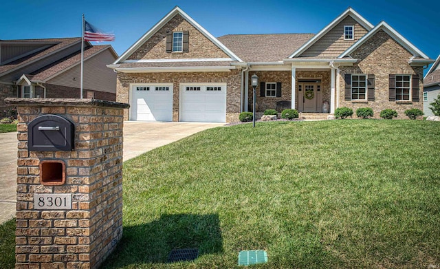 craftsman-style house with a garage and a front lawn