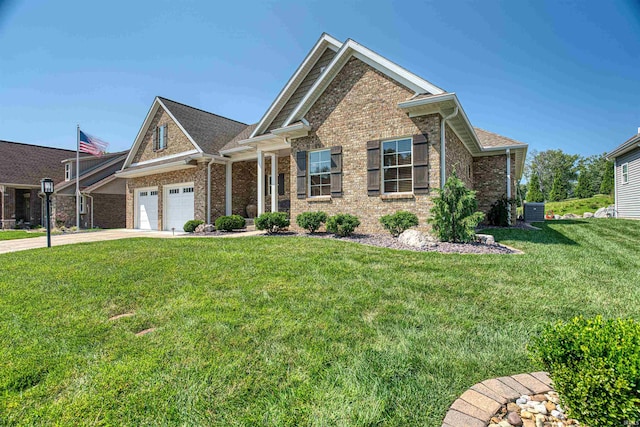 craftsman house with a front lawn, central AC, and a garage