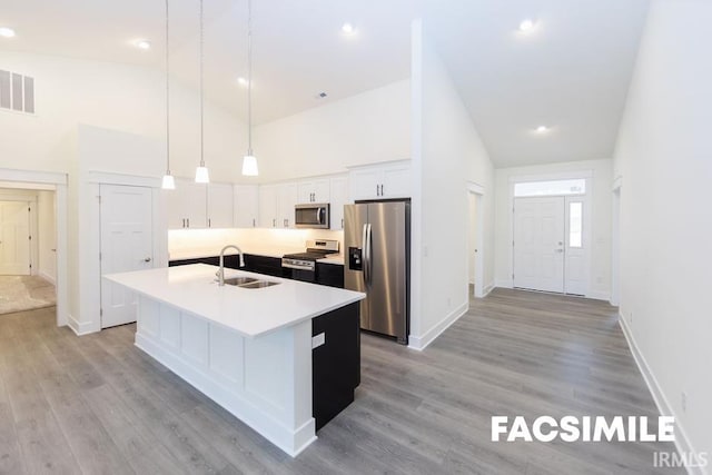 kitchen with sink, stainless steel appliances, an island with sink, high vaulted ceiling, and white cabinetry