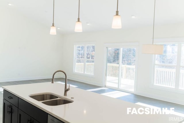 kitchen featuring hardwood / wood-style floors, pendant lighting, and sink