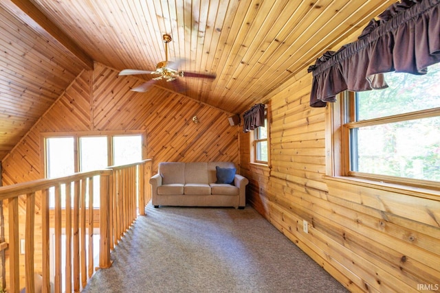 1291 N Sewell Rd, Bloomington, IN 47408 - unfurnished room with ceiling fan, wooden ceiling, vaulted ceiling, carpet, and wood walls