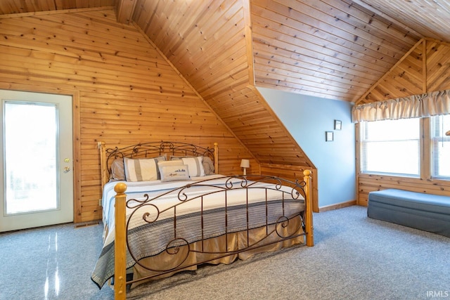1291 N Sewell Rd, Bloomington, IN 47408 - carpeted bedroom with vaulted ceiling, wood walls, and wood ceiling