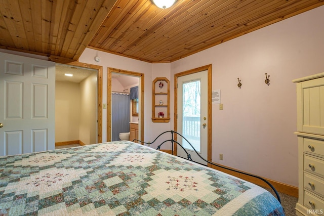 carpeted bedroom with wooden ceiling and ensuite bathroom