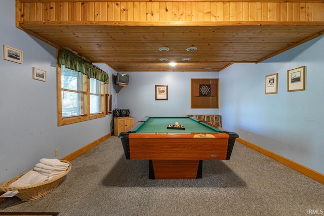 recreation room with carpet floors, wood ceiling, and billiards