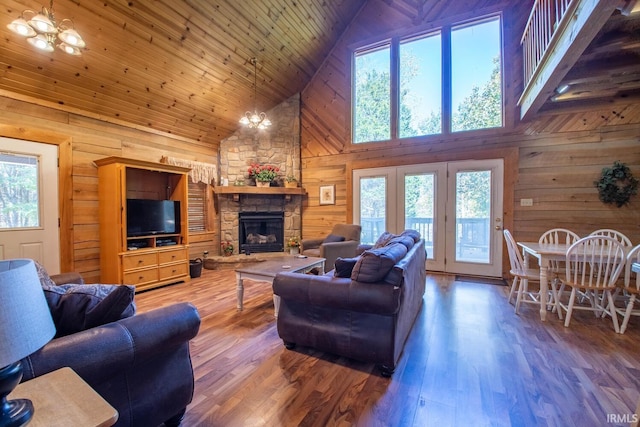 1291 N Sewell Rd, Bloomington, IN 47408 - living room with high vaulted ceiling, healthy amount of natural light, wood walls, wood finished floors, and a stone fireplace
