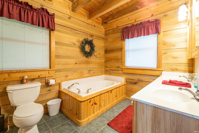 bathroom featuring a tub to relax in, wood walls, toilet, vanity, and beam ceiling