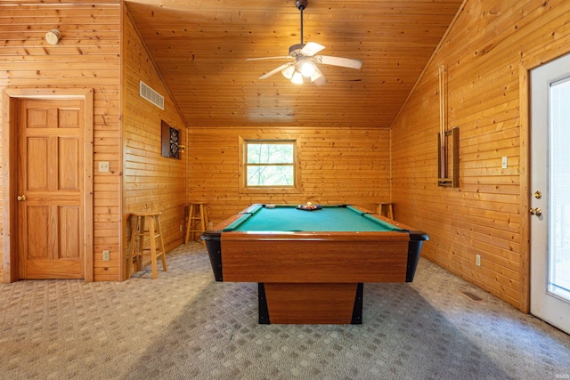 recreation room with wooden ceiling, lofted ceiling, and plenty of natural light