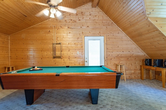 rec room with wood walls, wooden ceiling, and carpet flooring