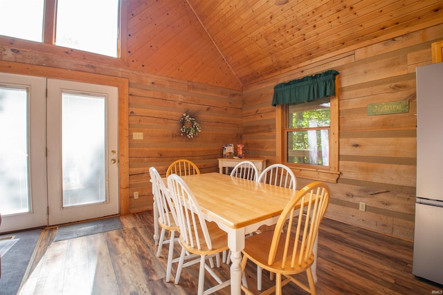 dining area with high vaulted ceiling, wooden ceiling, dark hardwood / wood-style floors, french doors, and wooden walls