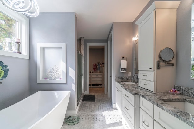 bathroom featuring plus walk in shower and vanity