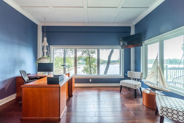 office area with crown molding, coffered ceiling, and dark wood-type flooring