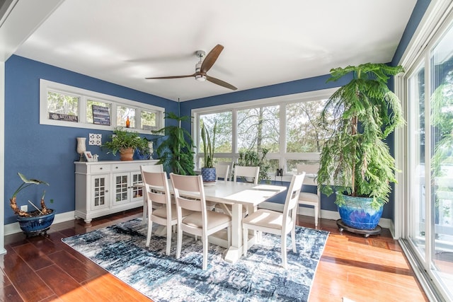 dining space featuring ceiling fan and wood-type flooring