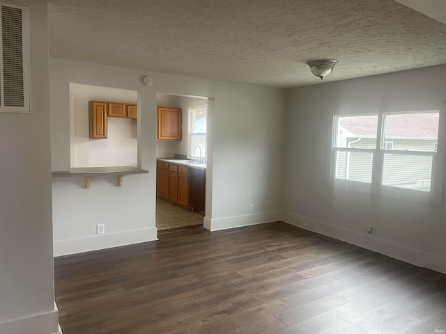 interior space featuring hardwood / wood-style flooring, a textured ceiling, and sink